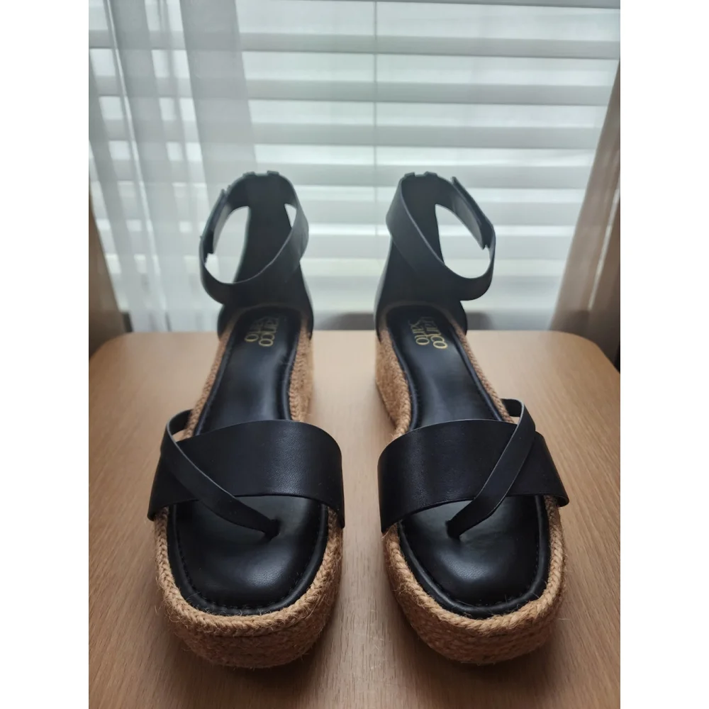 Franco Sarto Verita LEATHER Espadrille Platform Thong Sandal SZ 10 M BLACK